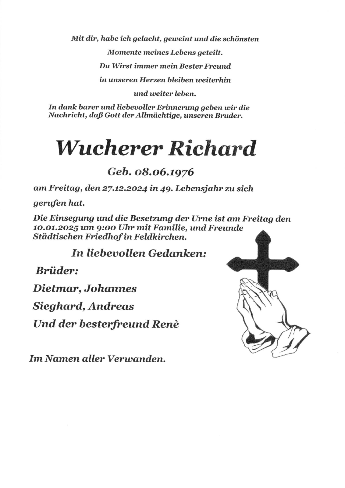 Richard Wucherer Parte Aufbahrung Begr bnis Grabstelle Das Neue 