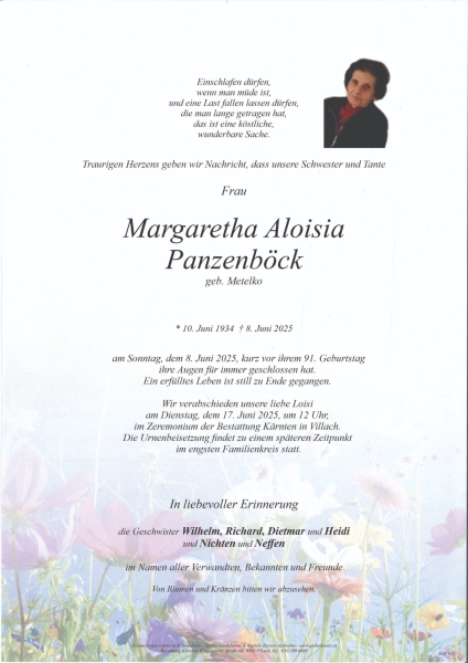 Parte Margaretha Aloisia  Panzenböck